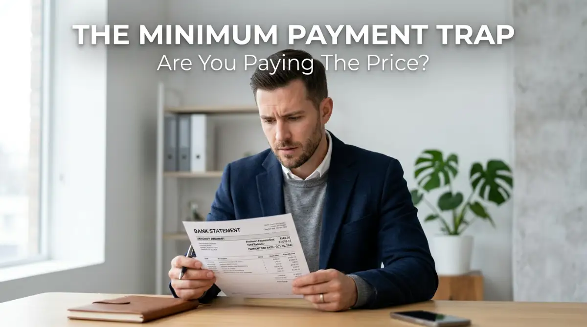 A stressed young man looking at his credit card statement, representing the hidden consequences of paying only the minimum credit card balance every month.