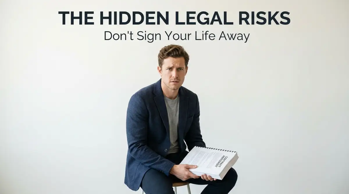 A concerned young man reading a complicated legal document, representing the hidden legal risks of signing contracts without proper representation.
