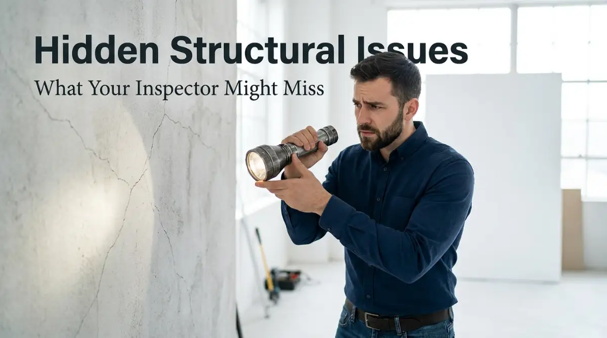 A concerned young man using a flashlight to inspect a cracked concrete wall, representing the hidden structural issues home buyers need to look out for.
