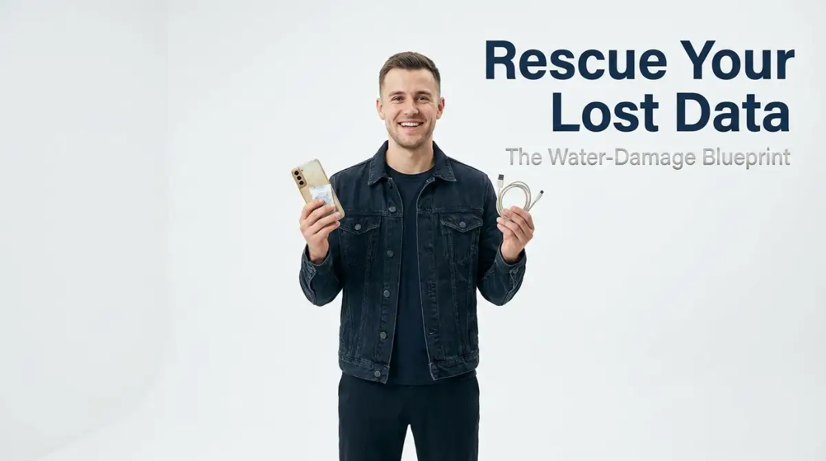 A relieved young man holding a recovered smartphone, representing a complete blueprint for safely recovering corrupted data from water-damaged devices.