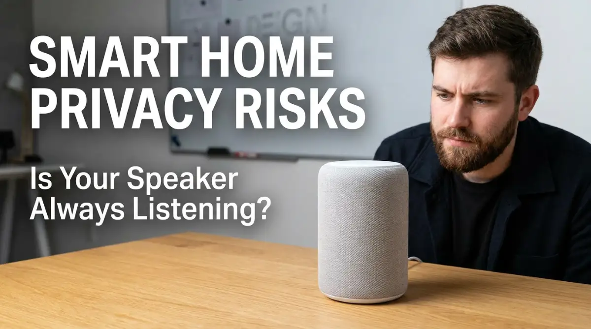 A young man looking concerned at his smart speaker, illustrating the hidden privacy risks of keeping smart home microphones constantly active in our daily lives.