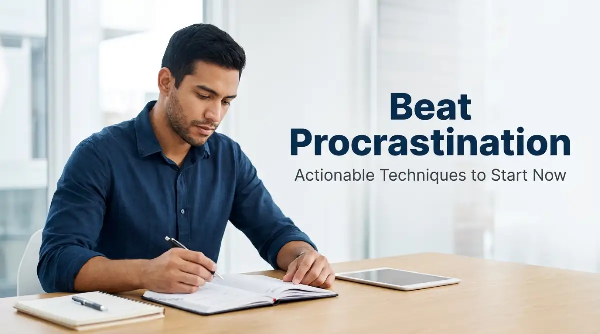 A determined young man planning his day at a desk, illustrating actionable techniques for breaking the cycle of chronic procrastination in daily life.