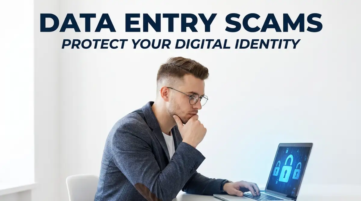 A smart young man looking thoughtfully at a laptop screen with security icons, highlighting the dangers of data entry scams and how to protect your digital identity online.