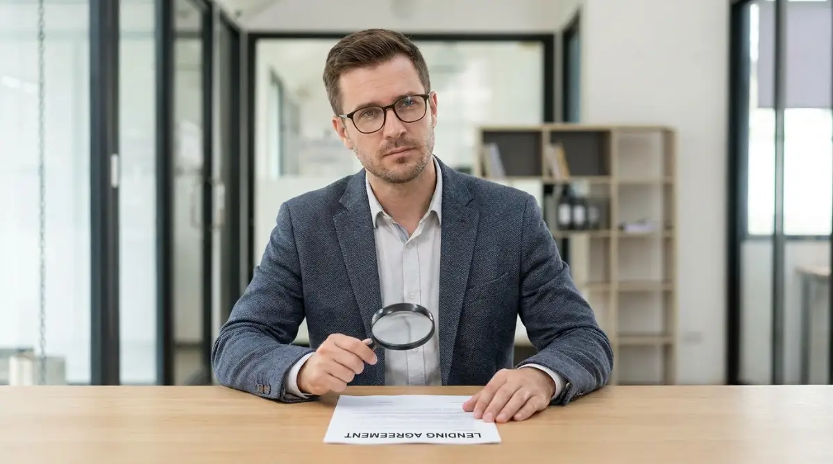 A thoughtful young man using a magnifying glass to carefully read the fine print and spot hidden red flags in a short-term lending agreement.