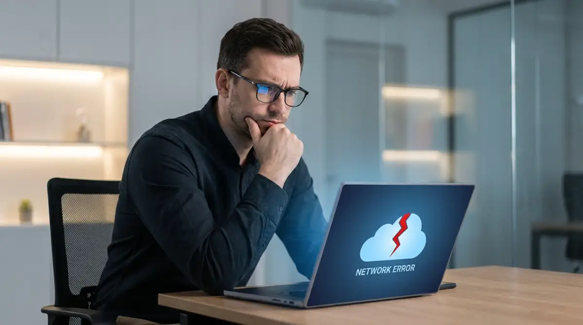 A thoughtful young man sitting in a bright office, looking at his laptop as he tries to fix his cloud-based software from crashing during a heavy workload.