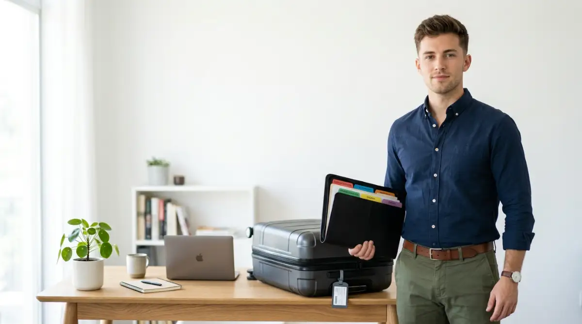 A smart male university student standing next to his luggage holding a neatly organized folder filled with essential dorm move-in documents and identification cards.