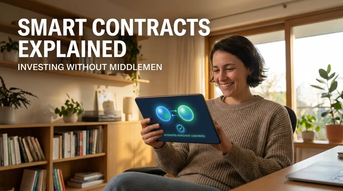 A realistic image of a happy investor looking at a tablet, showing how smart contracts simplify everyday investing by removing unnecessary middlemen.