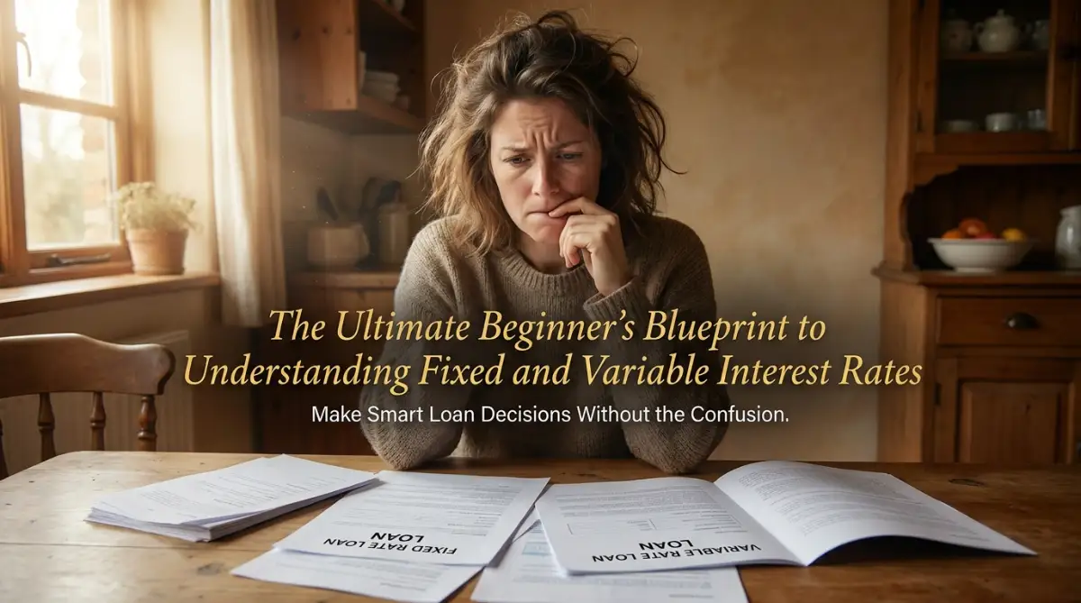 A realistic and dynamic view of a person at a kitchen table comparing loan documents to understand the core differences between a fixed and variable interest rate.