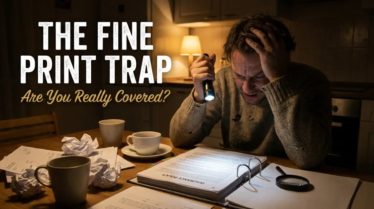 A stressed driver looking closely at complicated car insurance documents, representing the expensive mistakes policyholders make when they ignore the fine print. Author Name: Md Uzzal Hossain