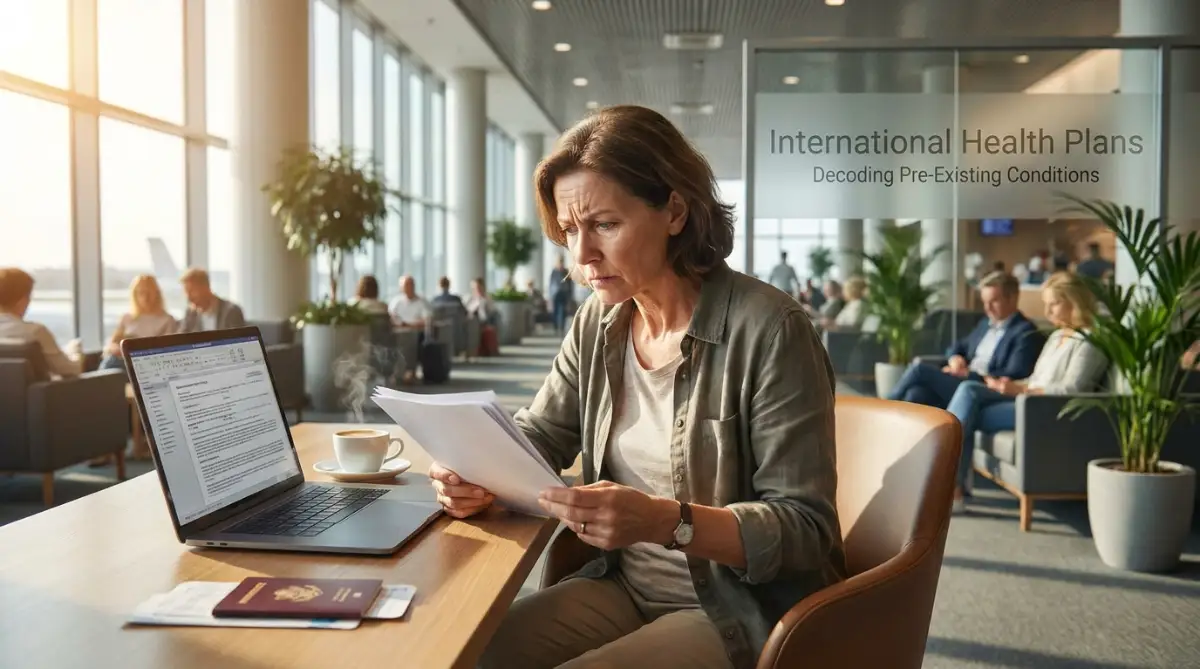 A stressed traveler sitting in an airport lounge reviewing documents, representing the confusion of navigating pre-existing conditions in an international health plan.
